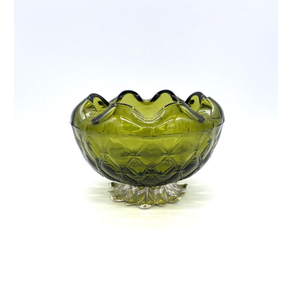 Indiana Glass Olive Green Quilted Diamond Rose Bowl Crimped Rim Metal Leaf Base